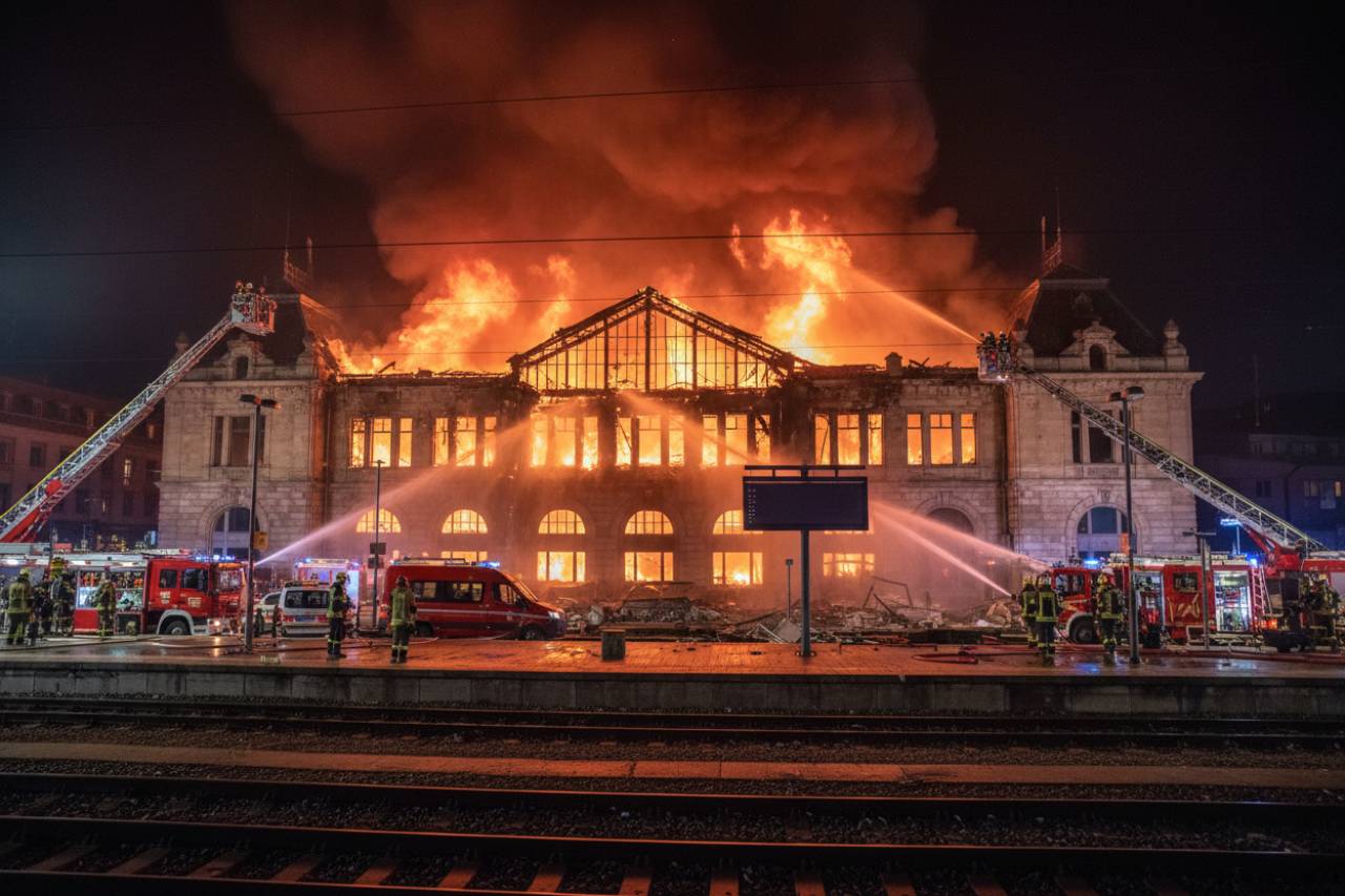 Stazione centrale in fiamme, intervento immediato dopo i crolli: fiamme alte | Sospesi tutti i treni